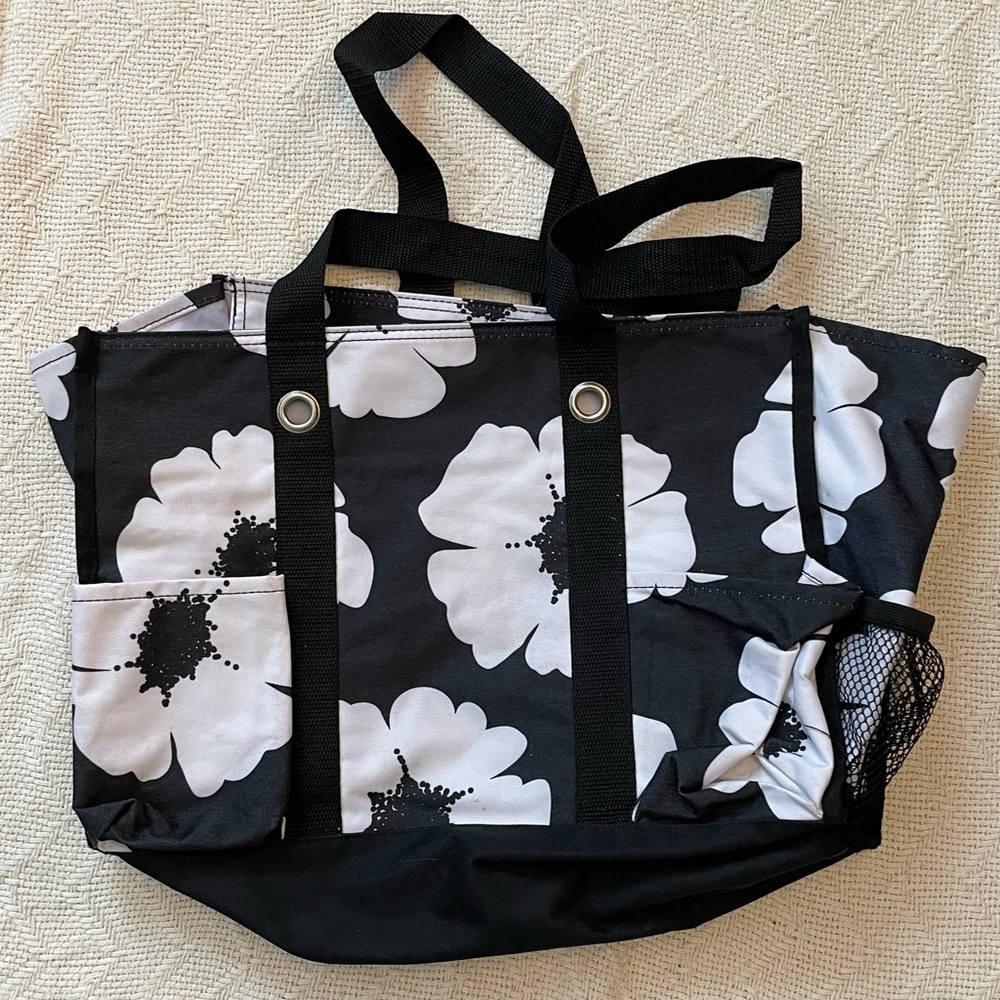Thirty-One Large Tote Bag Black White Floral Canvas